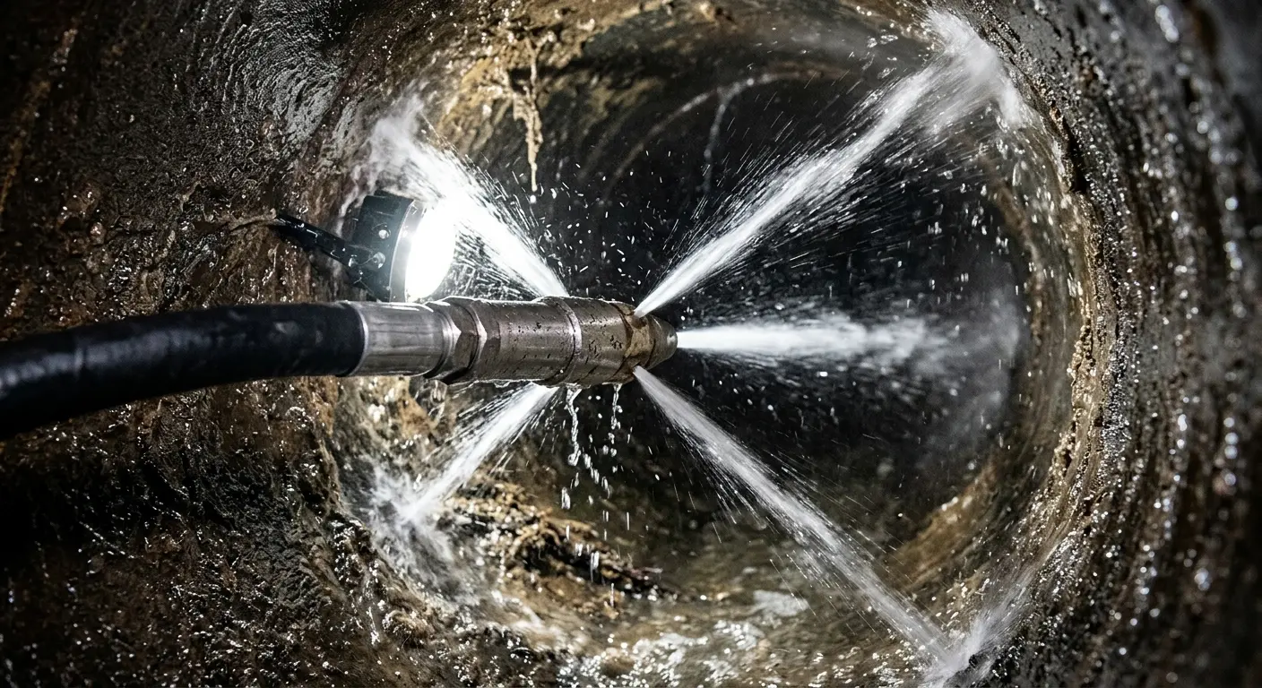 High-pressure hydro jetting nozzle cleaning sewer pipe for Trenchless Sewer Repair in Overland