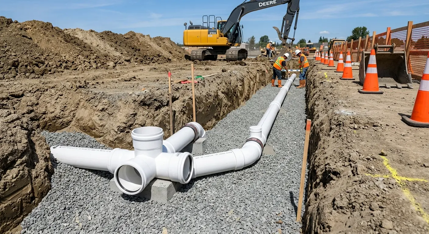 New PVC sewer pipe installation in open trench for Sewer Backup in Overland